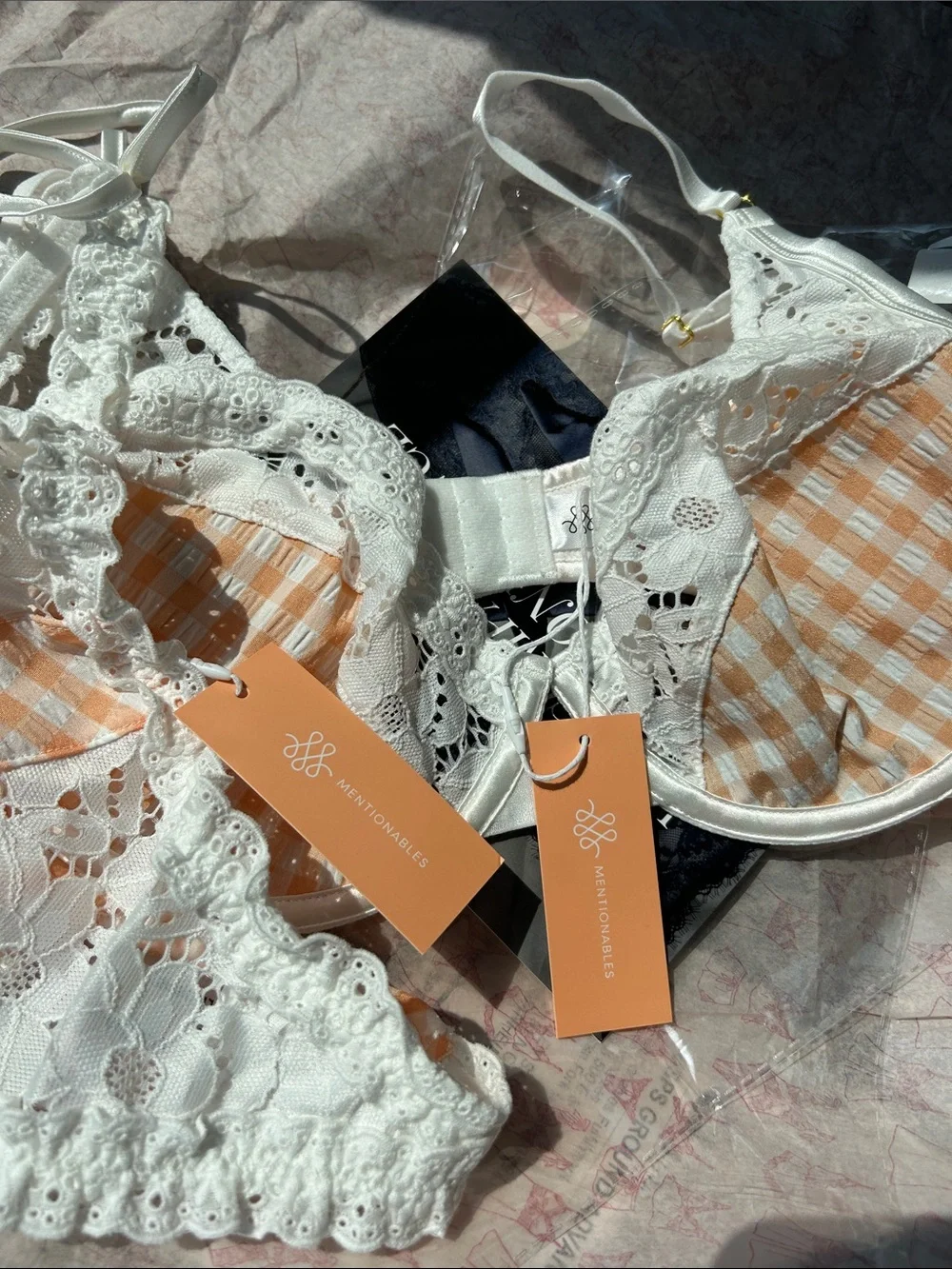 Mentionables White & Peach Gingham Lace Trim Bra and Thong Set